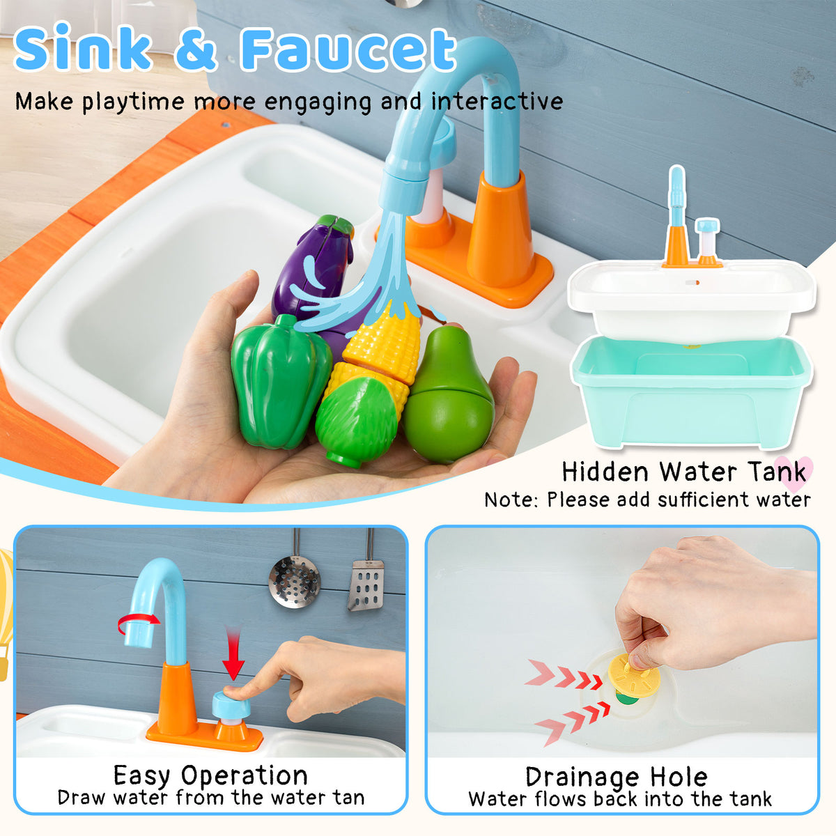 Kids Wooden Play Kitchen Set with Stoves Sink Faucet for Boys Girls Aged 3-8 -Blue