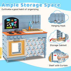 Kids Wooden Play Kitchen Set with Stoves Sink Faucet for Boys Girls Aged 3-8 -Blue
