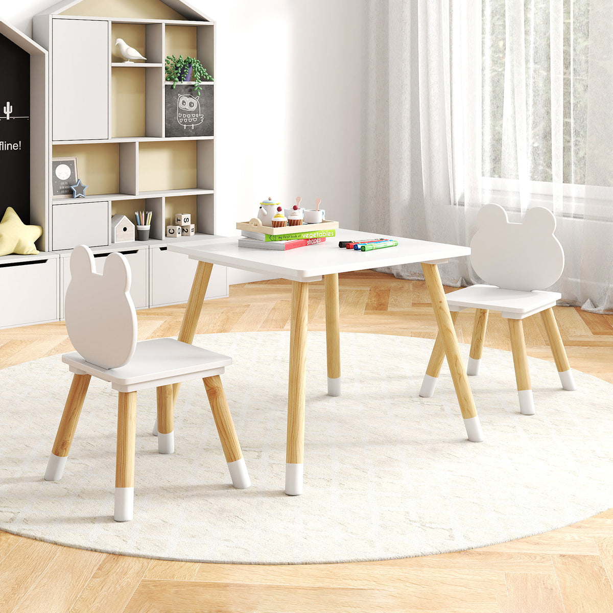 3 Pieces Kids Wooden Table and Chair Set with Cute Froggy Design-White