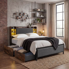 King Size Bed Frame with LED Lights and Charging Station Industrial Upholstered Platform Bed-Rustic Brown