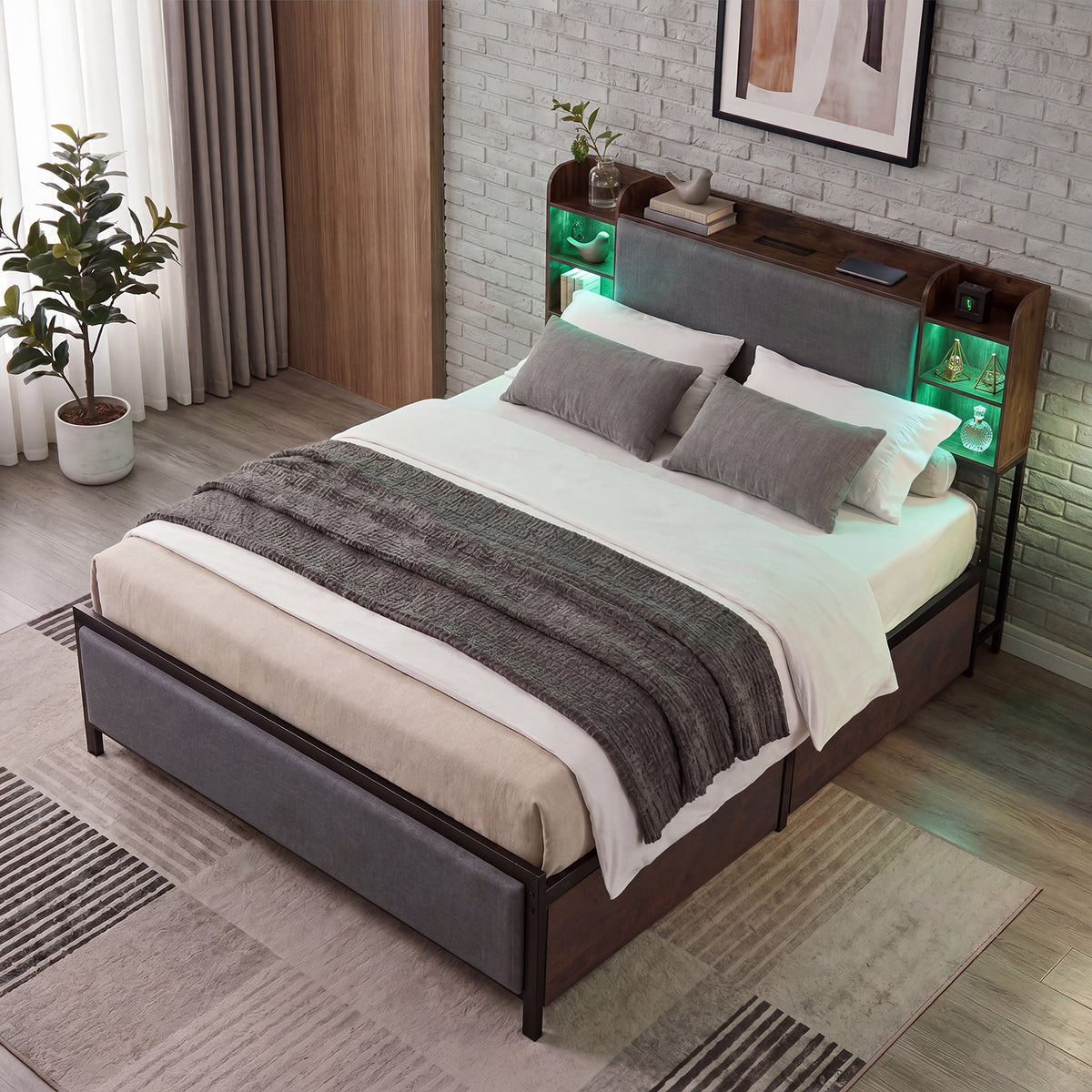 King Size Bed Frame with LED Lights and Charging Station Industrial Upholstered Platform Bed-Rustic Brown