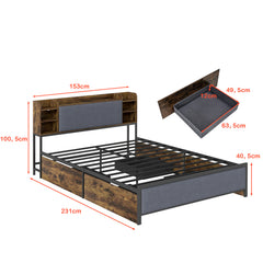 King Size Bed Frame with LED Lights and Charging Station Industrial Upholstered Platform Bed-Rustic Brown