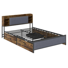 King Size Bed Frame with LED Lights and Charging Station Industrial Upholstered Platform Bed-Rustic Brown
