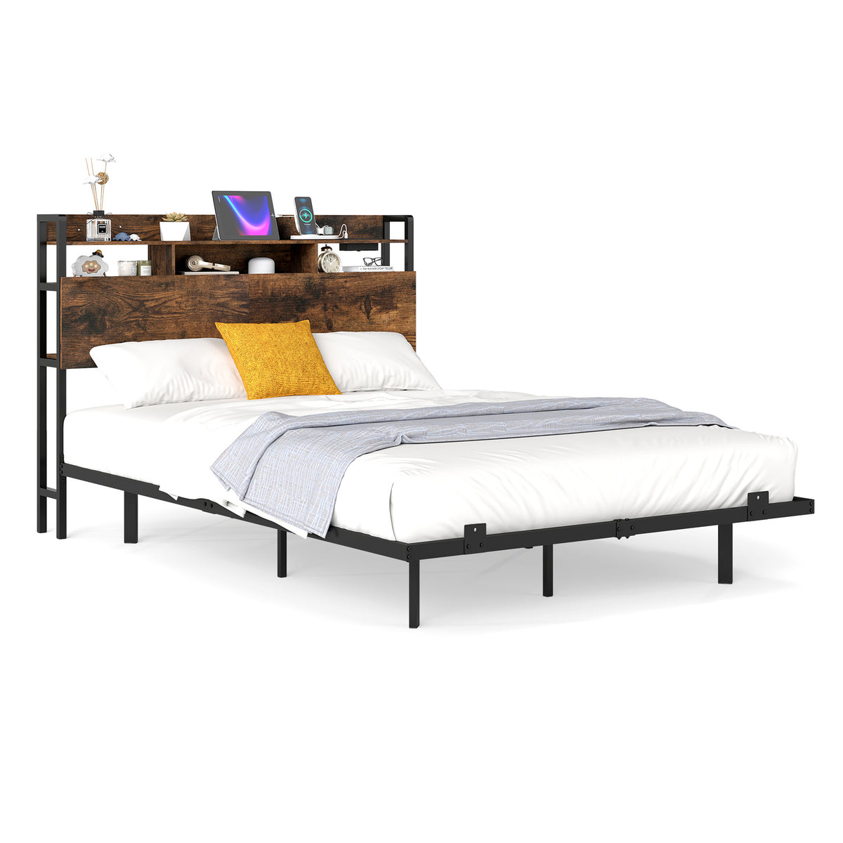 King Size Bed Frame with LED Lights and Charging Station-Rustic Brown