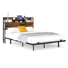 King Size Bed Frame with LED Lights and Charging Station-Rustic Brown