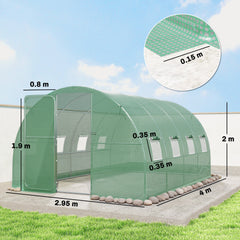 Outsunny 3 x 4 m Walk-in Polytunnel Greenhouse with Hinged Door and 8 Roll Up Mesh Windows, Garden Tunnel Warm House Tent, Green
