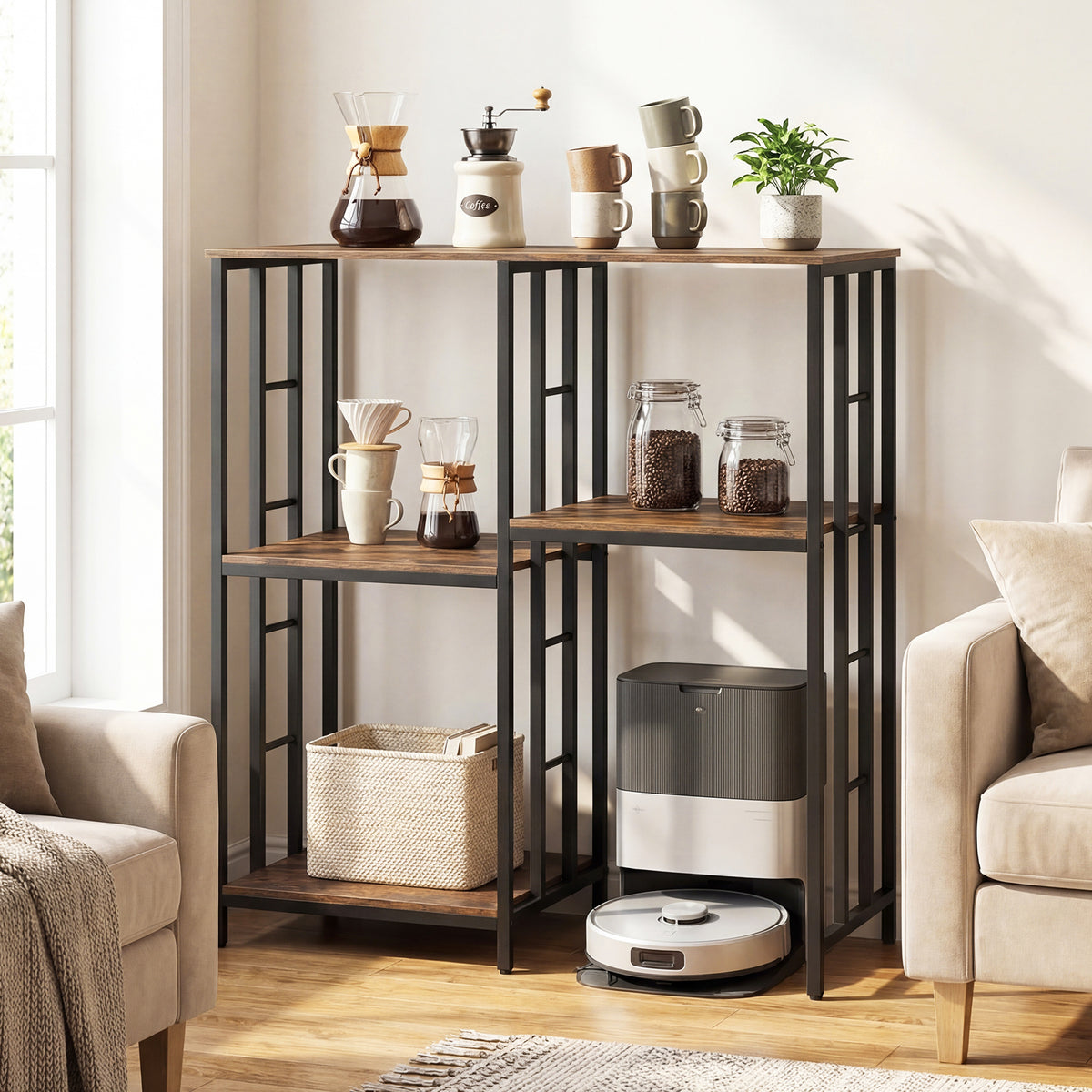 Rustic brown baker's rack with coffee and kitchen items on shelves in a living room setting