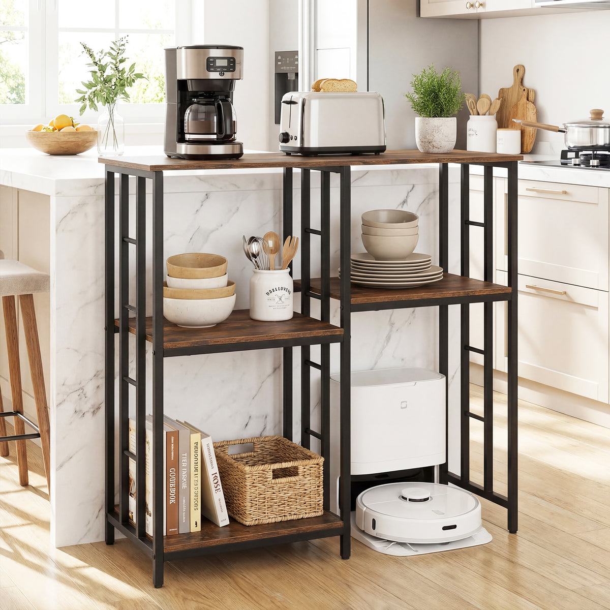The baker's rack in a modern kitchen with a coffee maker, toaster and robot vacuum