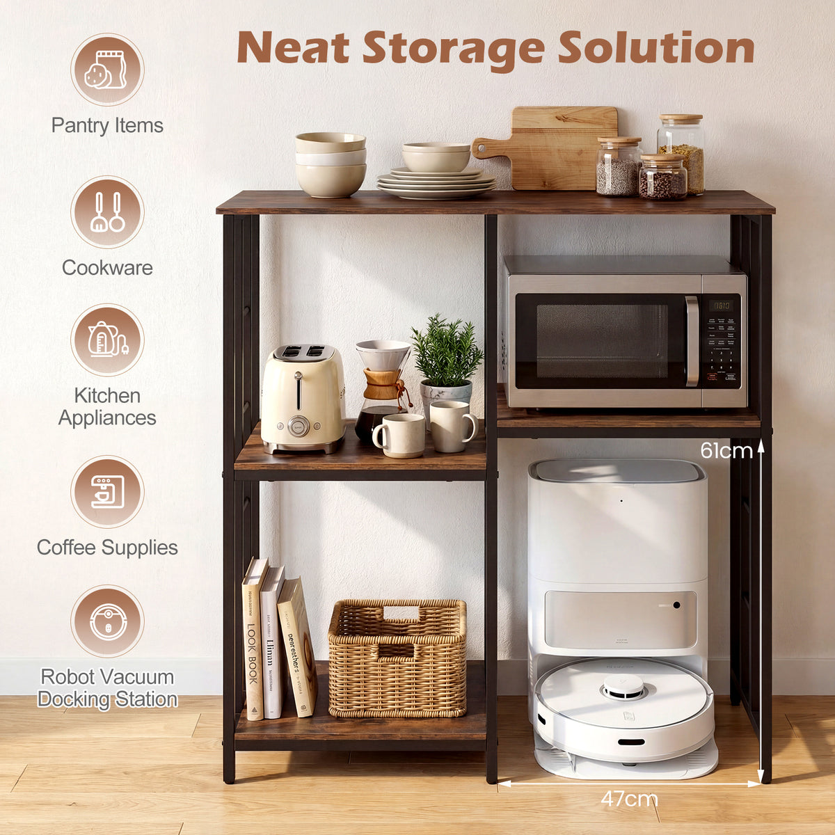 Neat storage solution baker's rack with pantry items, cookware and coffee supplies