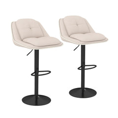 Two adjustable chenille upholstered bar stools with black bases
