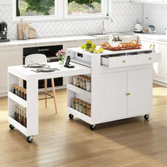 White kitchen island with extendable table shown in a kitchen setting with food and drinks on top