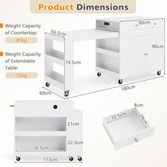 Product dimensions diagram for the white kitchen island with extendable table and storage
