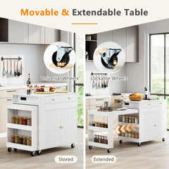 Diagram showing the kitchen island with extendable table in stored and extended positions with wheel details