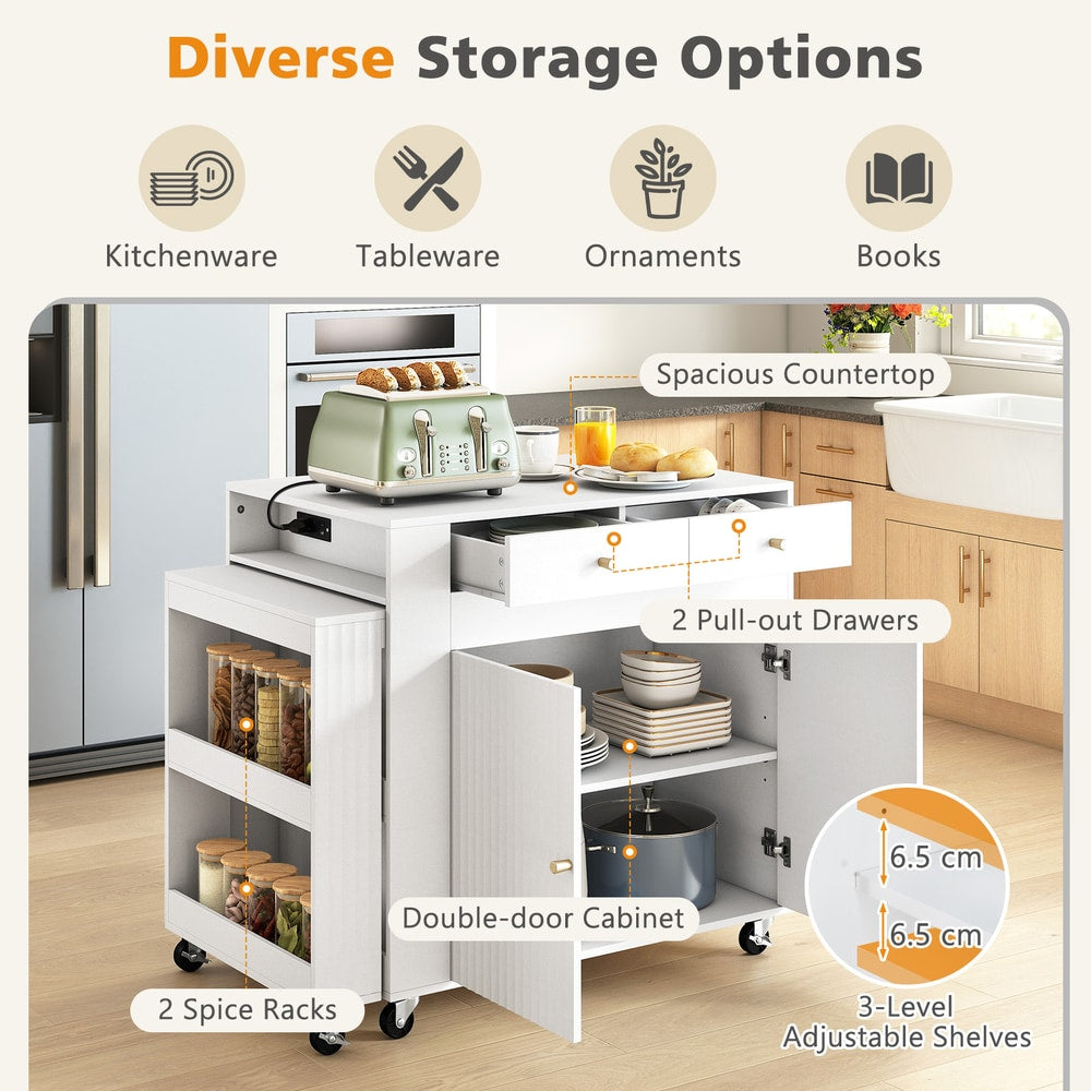 Diagram showing diverse storage options for the kitchen island with adjustable shelves and spice racks