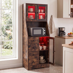 Kitchen Pantry Cabinet with Adjustable LED Lights and Doors-Rustic Brown