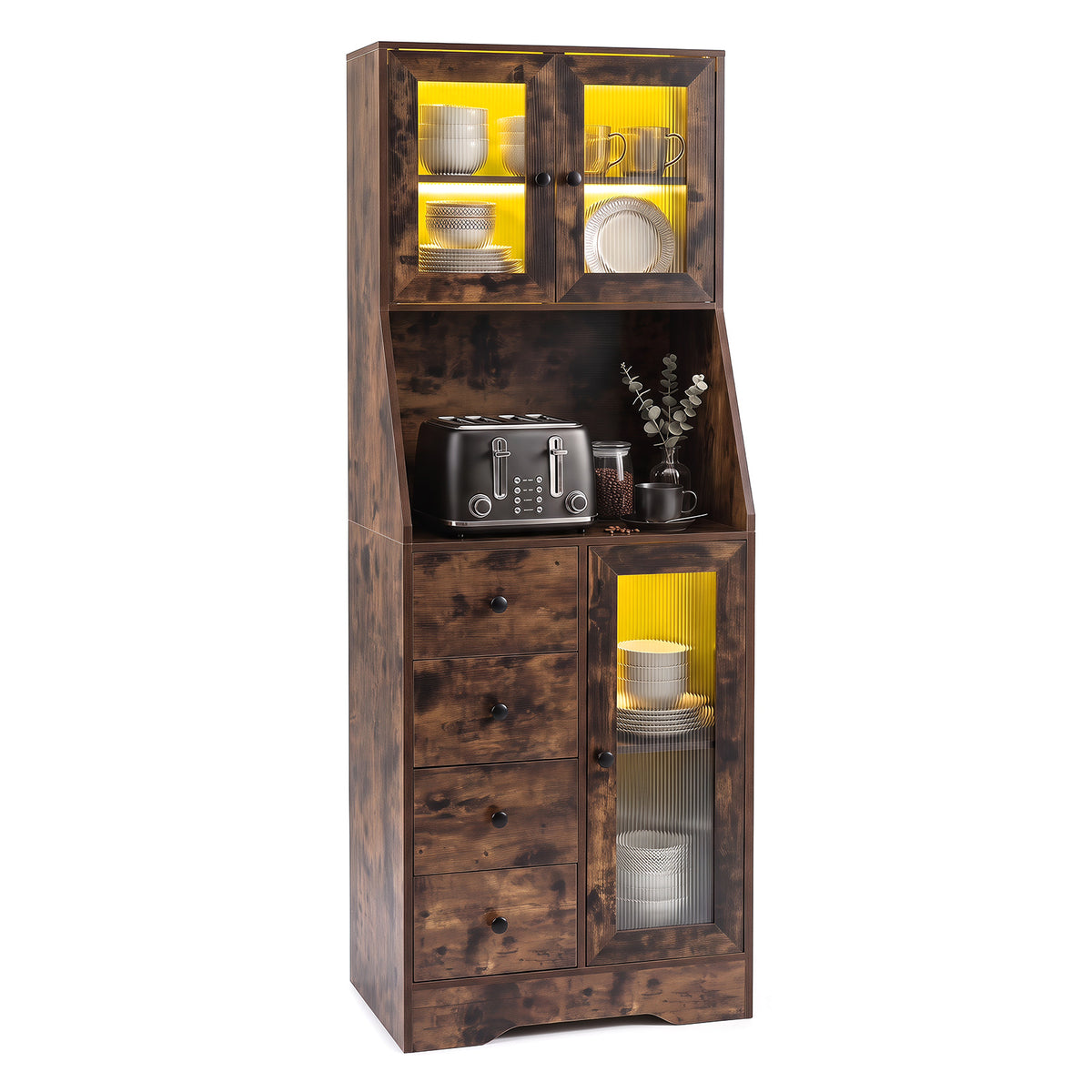 Kitchen Pantry Cabinet with Adjustable LED Lights and Doors-Rustic Brown