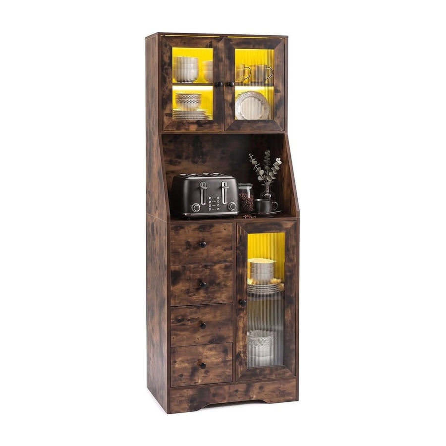Kitchen Pantry Cabinet with Adjustable LED Lights and Doors-Rustic Brown