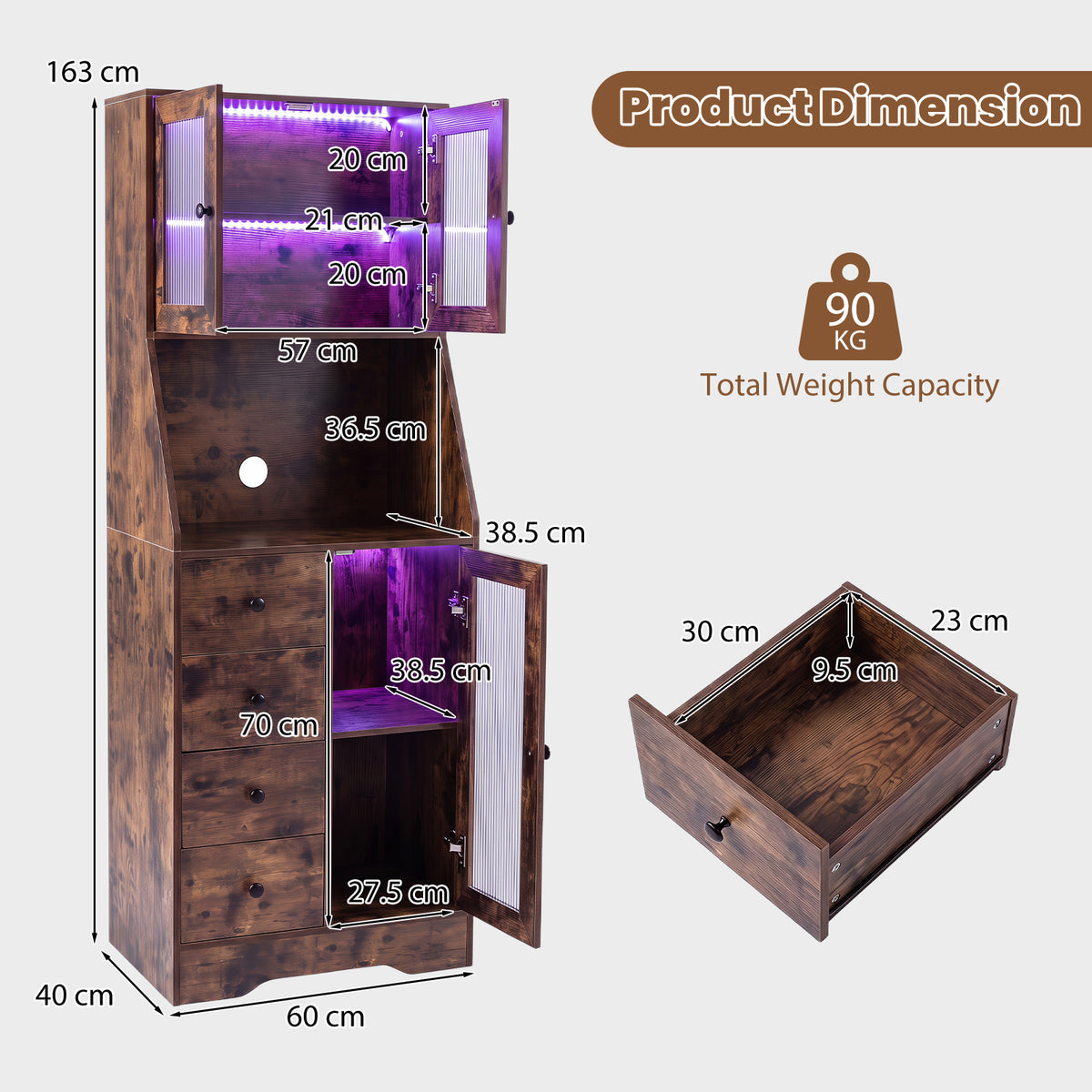 Kitchen Pantry Cabinet with Adjustable LED Lights and Doors-Rustic Brown