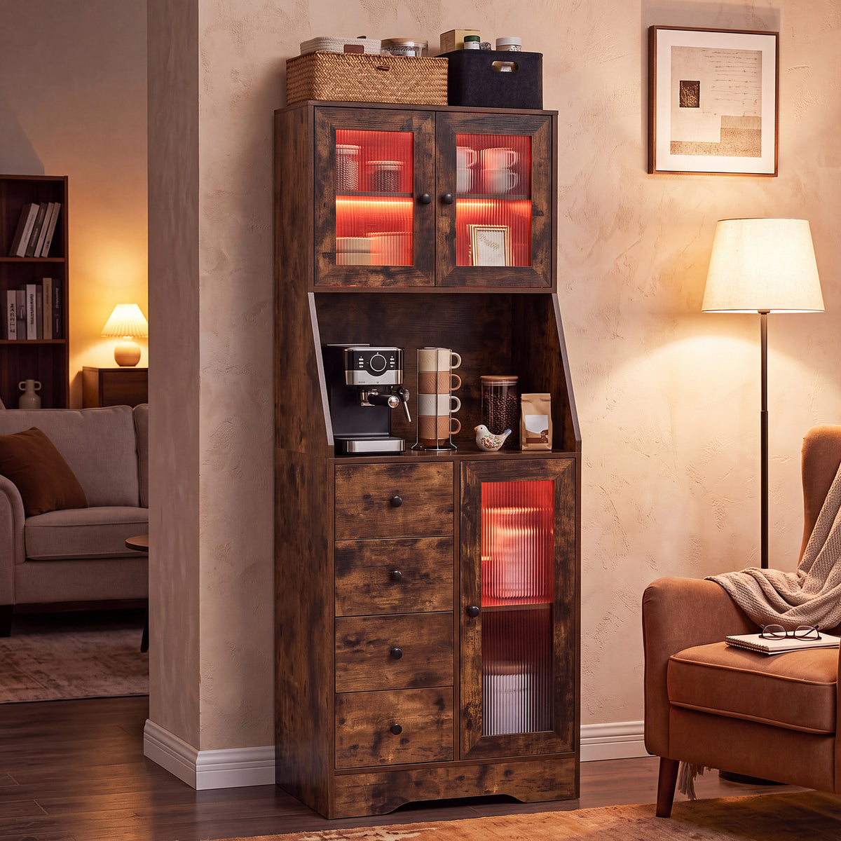 Kitchen Pantry Cabinet with Adjustable LED Lights and Doors-Rustic Brown