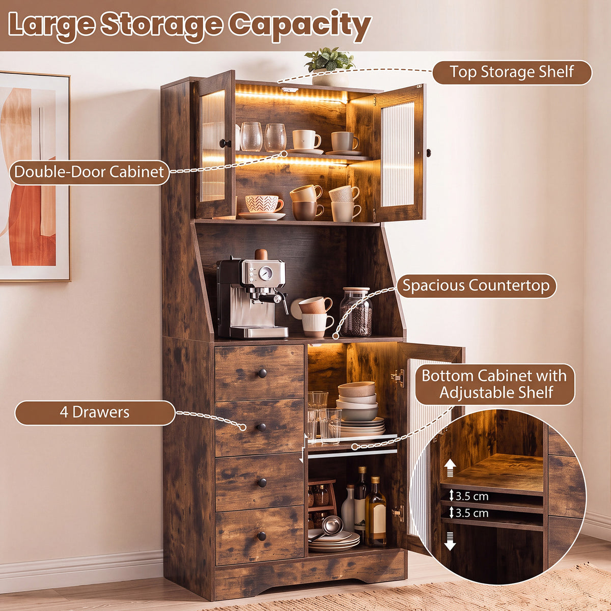 Kitchen Pantry Cabinet with Adjustable LED Lights and Doors-Rustic Brown