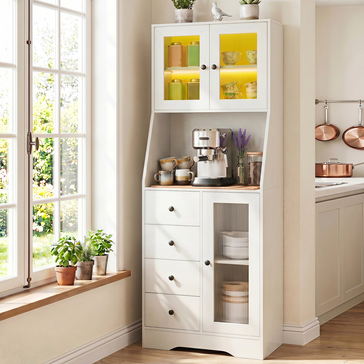 Kitchen Pantry Cabinet with Adjustable LED Lights and Doors-White