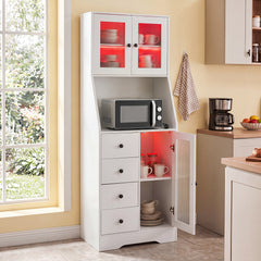 Kitchen Pantry Cabinet with Adjustable LED Lights and Doors-White