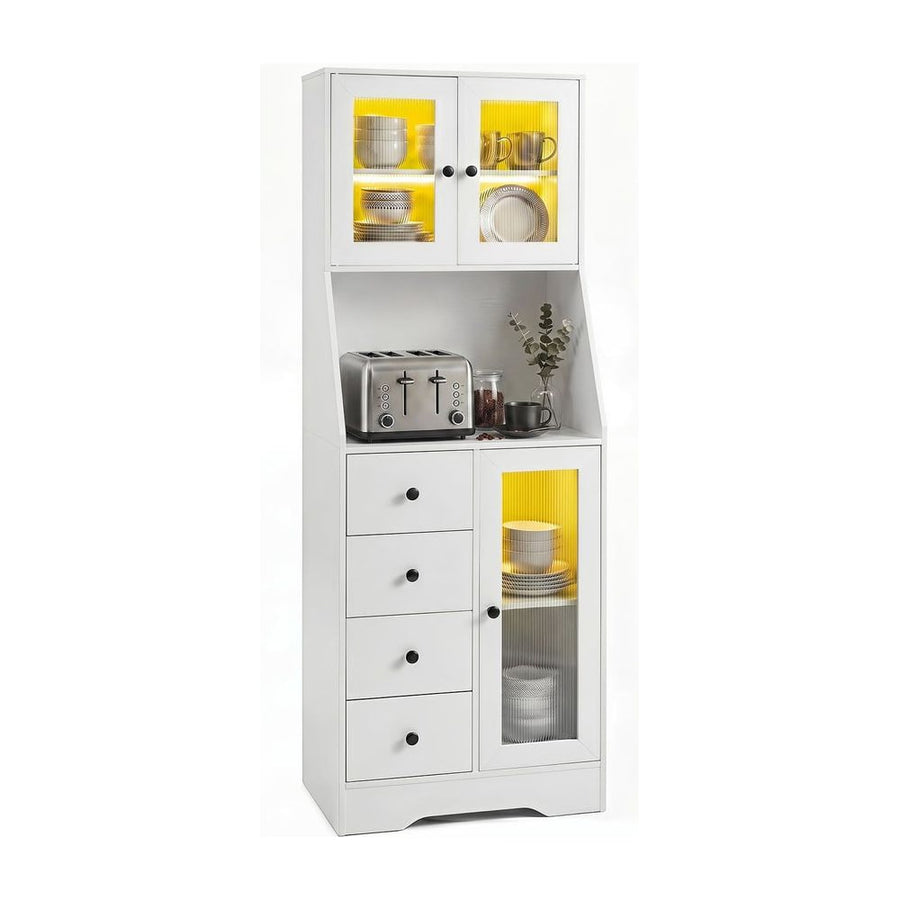 Kitchen Pantry Cabinet with Adjustable LED Lights and Doors-White