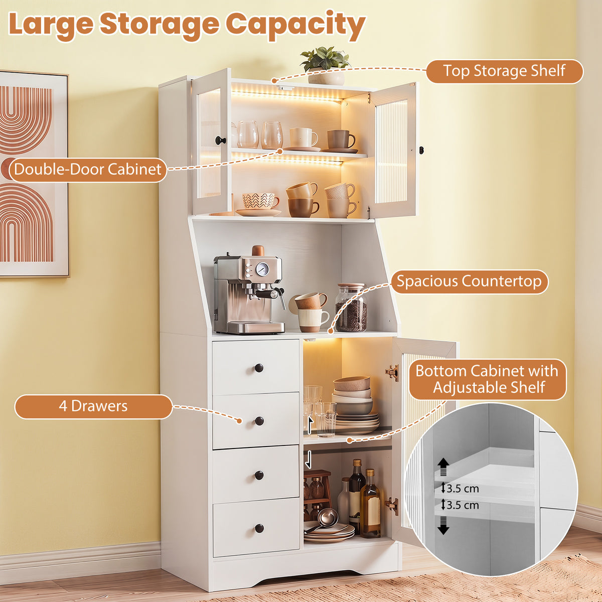 Kitchen Pantry Cabinet with Adjustable LED Lights and Doors-White