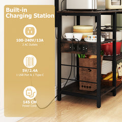 Kitchen Bakers Rack with Power Outlet 5-Tier Microwave Oven Stand with LED Lights-Rustic Brown