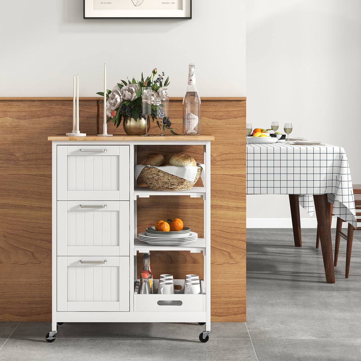 Kitchen Island Rolling Cart Utility Cart on Lockable Wheels with 3 Drawers-White