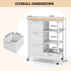 Kitchen Island Rolling Cart Utility Cart on Lockable Wheels with 3 Drawers-White