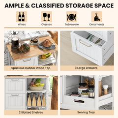 Kitchen Island Rolling Cart Utility Cart on Lockable Wheels with 3 Drawers-White