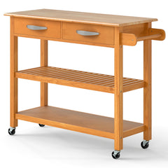 Kitchen Island with Storage 3-Tier Rolling Utility Cart with Wood Countertop-Natural