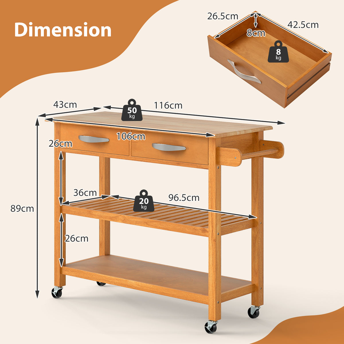 Kitchen Island with Storage 3-Tier Rolling Utility Cart with Wood Countertop-Natural
