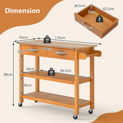 Kitchen Island with Storage 3-Tier Rolling Utility Cart with Wood Countertop-Natural