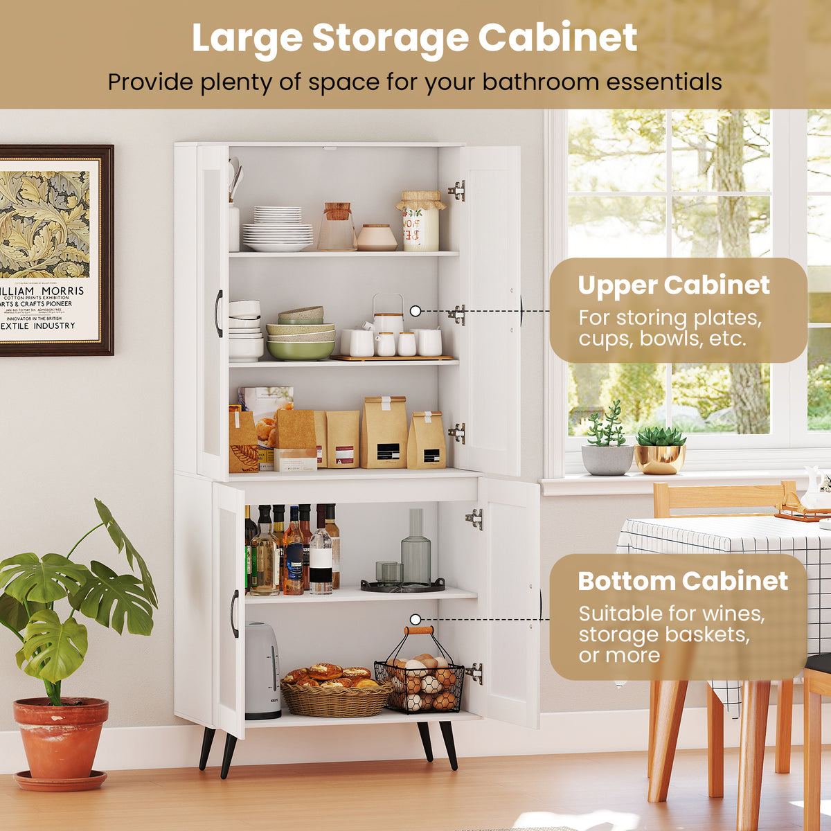 Kitchen Pantry Cabinet with Transparent Doors and Metal Legs-White