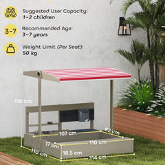 Outsunny Kids Wooden Sandbox w/ Canopy, Kitchen Toys, Seat, Storage, for Ages 3-7 Years