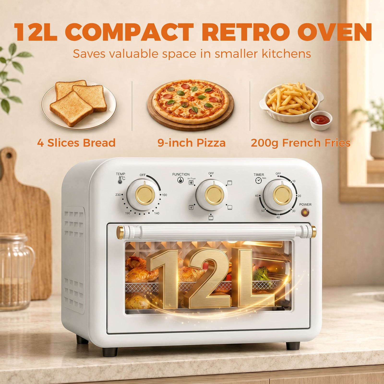 HOMCOM Air Fryer Toaster Oven, Convection Countertop Oven, with Adjustable Temperature and Timer, 12 L, Cream White