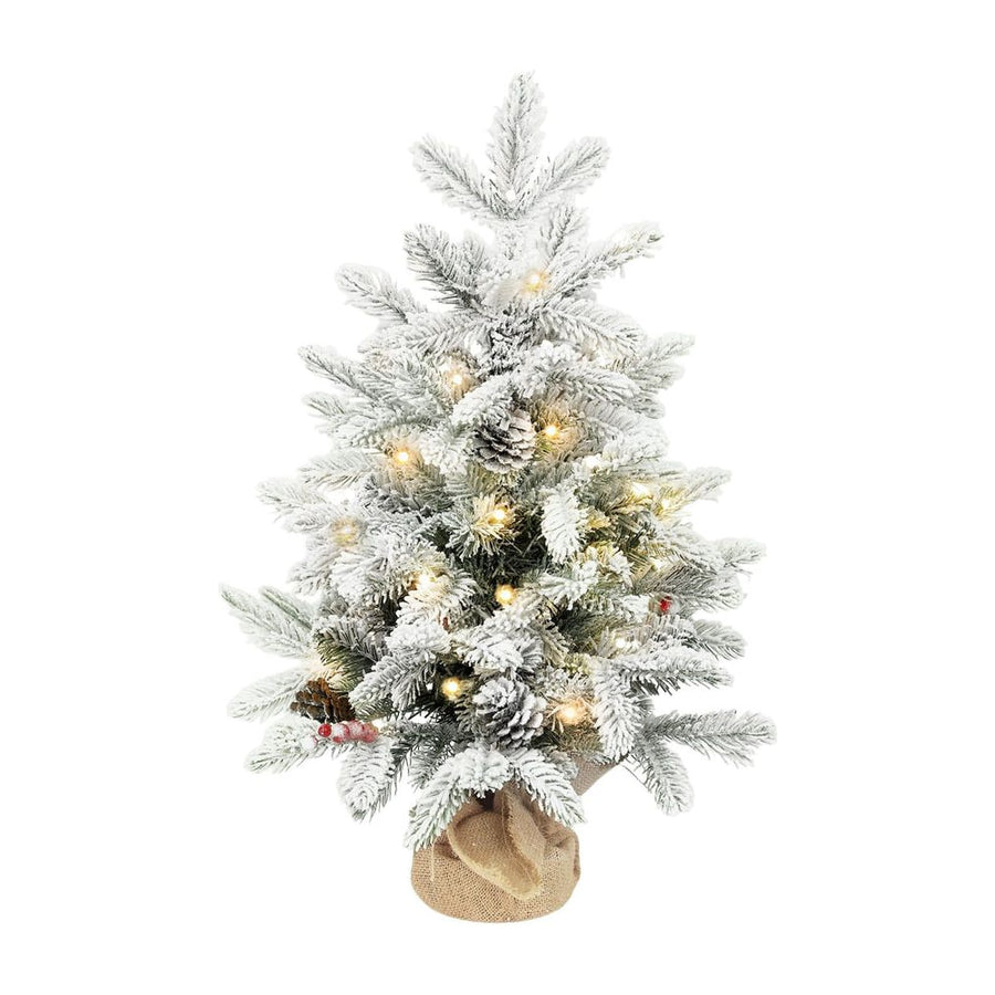 HOMCOM 60 cm Prelit Small Christmas Tree with 35 LED Lights, Snow Flocked Tabletop Mini Xmas Tree with Pine Cones, Berry