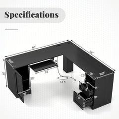L-Shaped Computer Desk with Built-in Charging Station and Keyboard Tray Drawer-Black