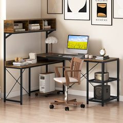 L-Shaped Computer Desk with Storage Hutch and Compartments for Home Office-Rustic Brown