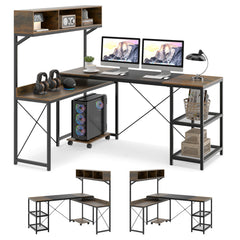 L-Shaped Computer Desk with Storage Hutch and Compartments for Home Office-Rustic Brown