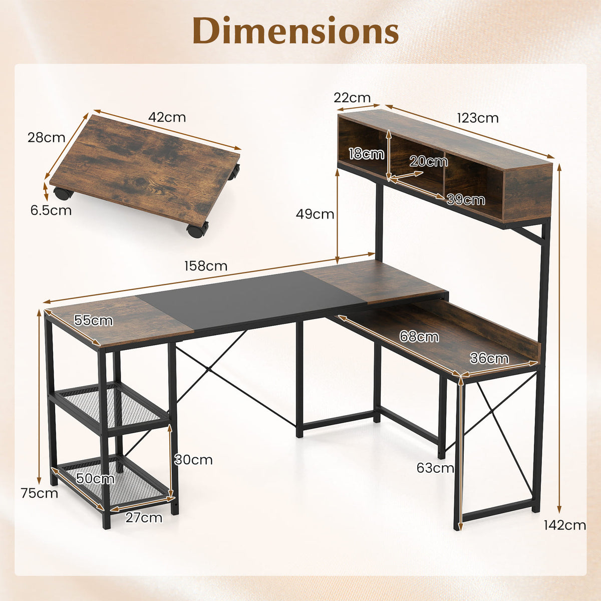 L-Shaped Computer Desk with Storage Hutch and Compartments for Home Office-Rustic Brown