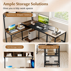 L-Shaped Computer Desk with Storage Hutch and Compartments for Home Office-Rustic Brown
