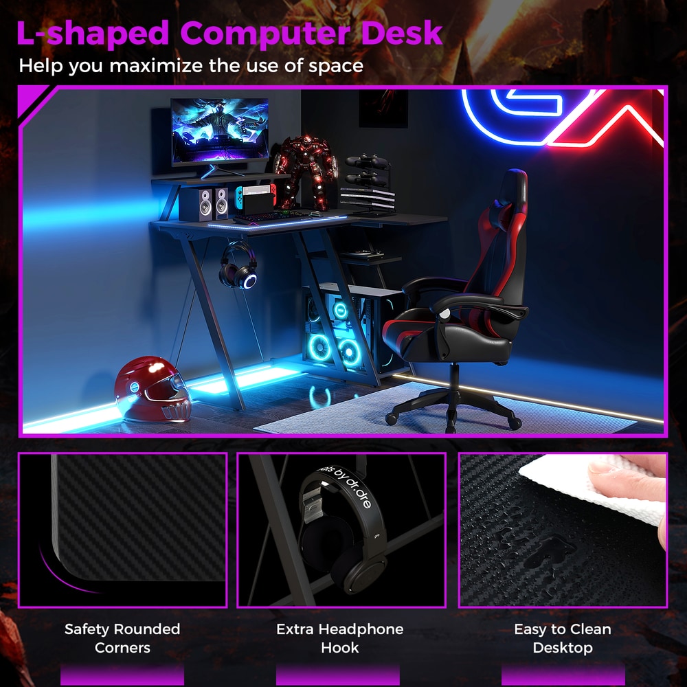The office desk shown with close-up panels highlighting the rounded corners and hook
