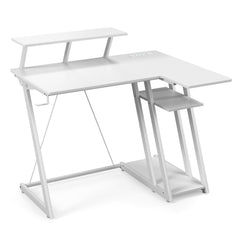 White L-shaped computer desk with a monitor shelf and keyboard tray