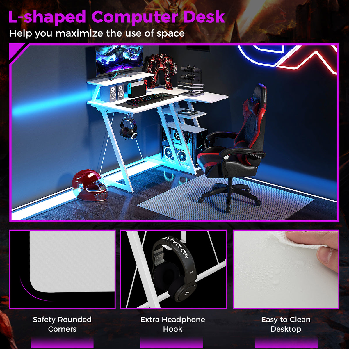 The L-shaped computer desk shown with features like rounded corners and headphone hook