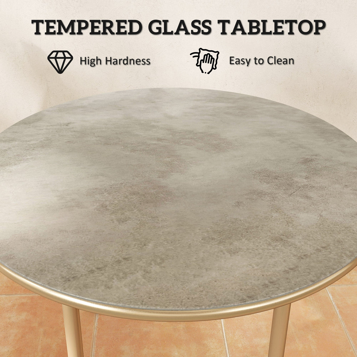 Outsunny Round Coffee Table, Modern End Side Table with Faux Marble Tempered Glass Top, Steel Frame for Living Room, Bedroom, Office, Beige