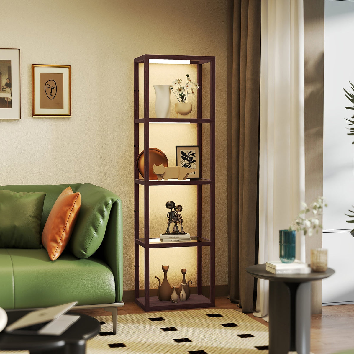 HOMCOM LED Floor Lamp with Glass Shelves, 4 Layers Dimmable Tall Standing Lamp, Modern Column Shelf Floor Light for Living Room, Bedroom, Office, Dark Brown