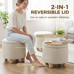 HOMCOM Storage Sitting Bench with Lid, Round Storage Ottoman with Rubberwood Legs, Beige